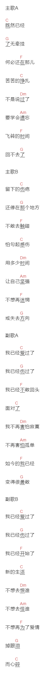 苏谭谭《爱过了也伤过了》吉他谱C调和弦谱(txt)1