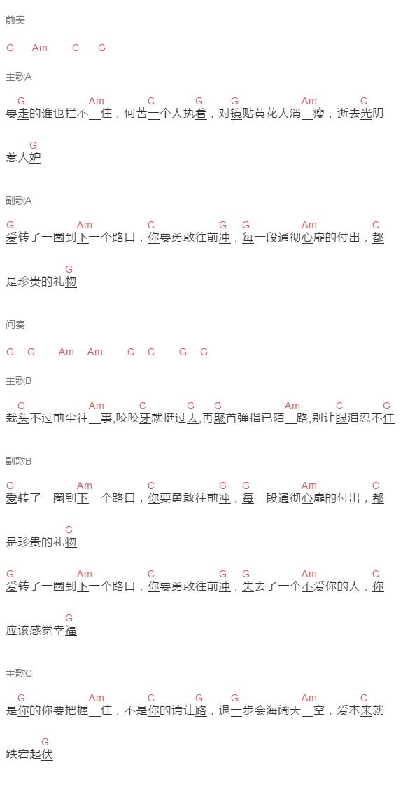 青蛙乐队《爱转了一圈》吉他谱C调和弦谱(txt)1