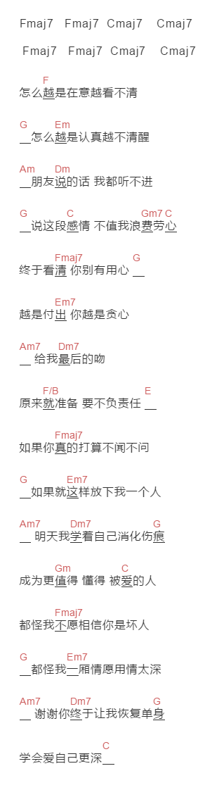 DIOR大颖《爱自己更深》吉他谱C调和弦谱(txt)1