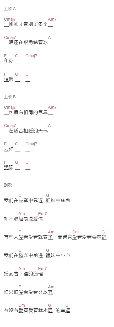 田馥甄《爱着爱着就永远》吉他谱C调和弦谱(txt)1