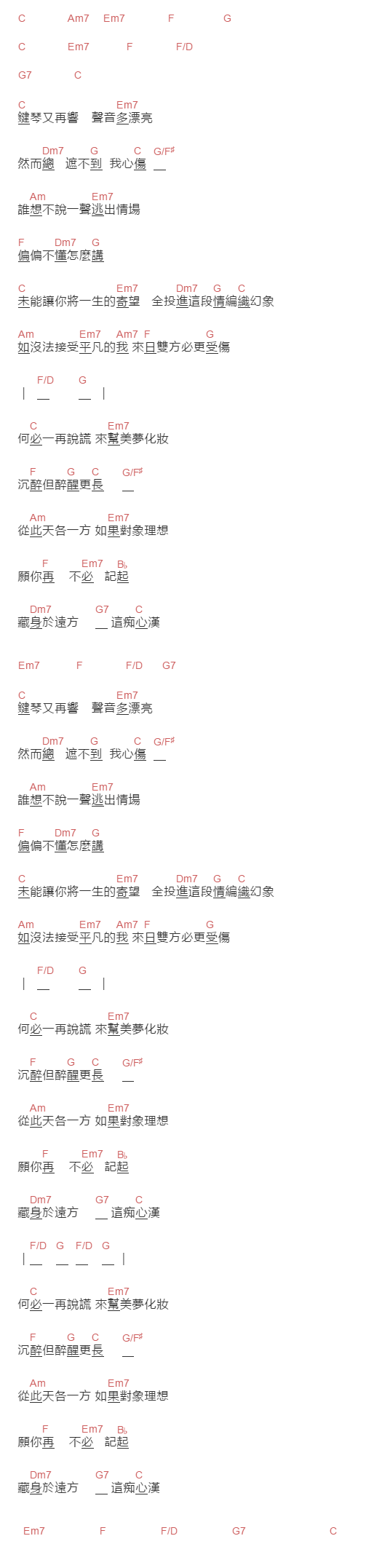 譚詠麟《爱的逃兵》吉他谱C调和弦谱(txt)1