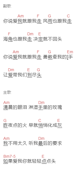 王鹤鸣《爱我就跟我走》吉他谱C调和弦谱(txt)1