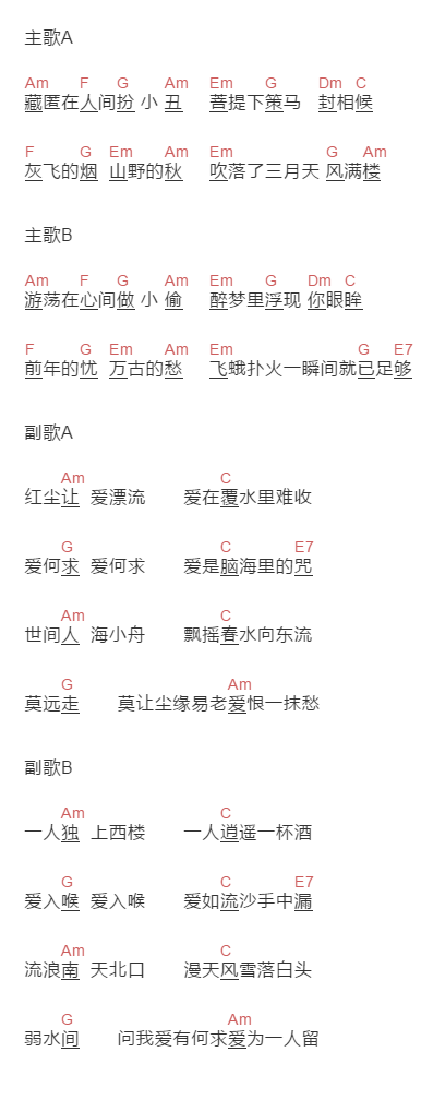 红孩儿《爱何求》吉他谱C调和弦谱(txt)1