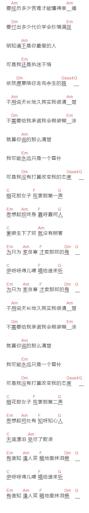 王琪《烟花叹》吉他谱C调和弦谱(txt)1