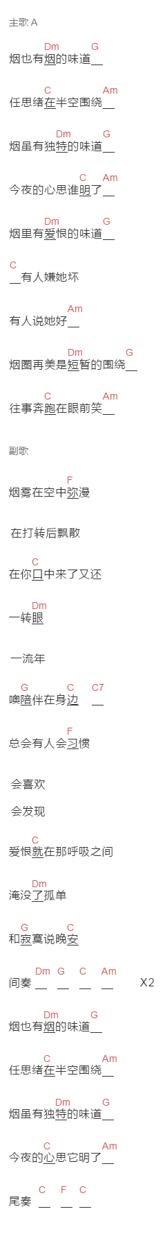 陈雅森《烟》吉他谱C调和弦谱(txt)1