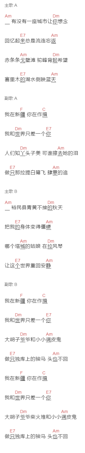 张鸣乙《漂》吉他谱C调和弦谱(txt)1
