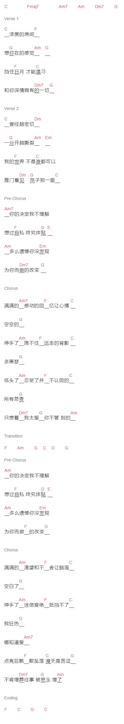 华晨宇《消失的昨天》吉他谱C调和弦谱(txt)1
