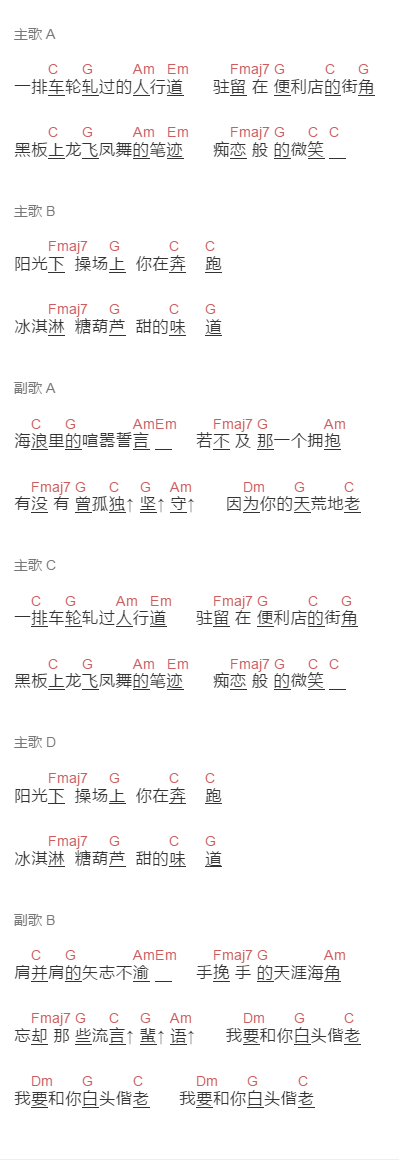 许魏洲,黄景瑜《海若有因》吉他谱C调和弦谱(txt)1