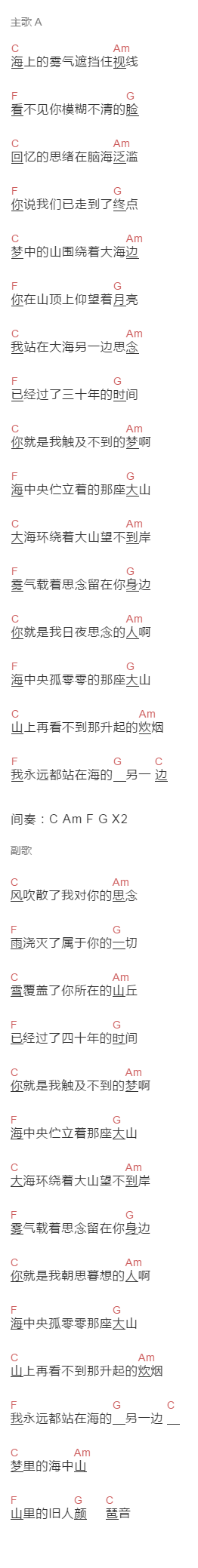 少游记《海中央的山》吉他谱C调和弦谱(txt)1