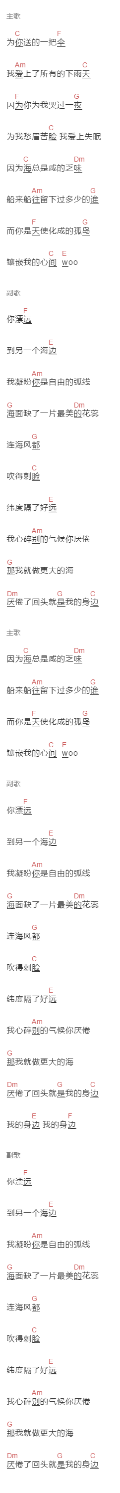 刘瑞琦《海与岛》吉他谱C调和弦谱(txt)1