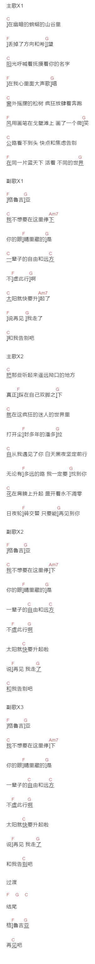 利事乐队《流浪天涯》吉他谱C调和弦谱(txt)1
