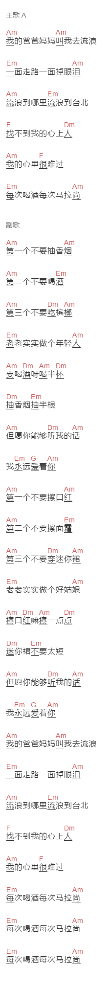 小娟,山谷里的居民《流浪劝世歌》吉他谱C调和弦谱(txt)1