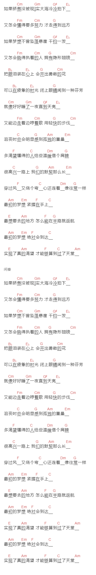 范玮琪《最初的梦》吉他谱C调和弦谱(txt)1