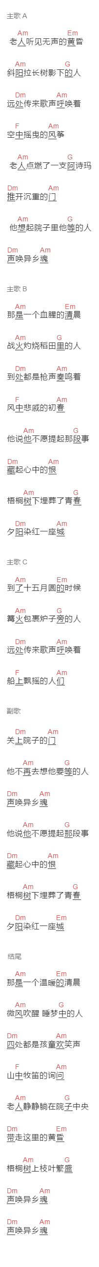 留声玩具《暮立》吉他谱C调和弦谱(txt)1
