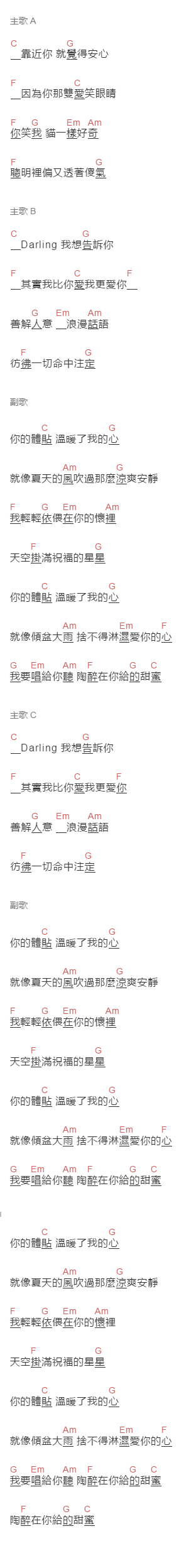 郁可唯《暖心》吉他谱C调和弦谱(txt)1