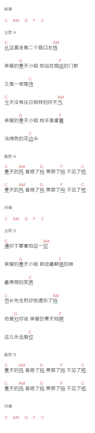 五条人《晚上好春天小姐》吉他谱C调和弦谱(txt)1