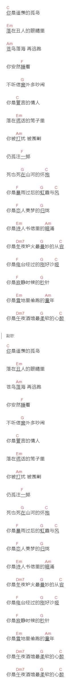 孟大宝《是的，你是》吉他谱C调和弦谱(txt)1