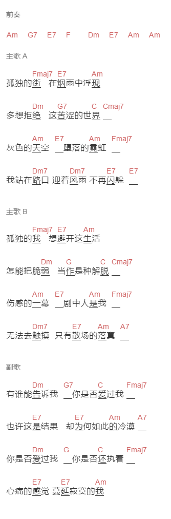 孙楠《是否爱过我》吉他谱C调和弦谱(txt)1