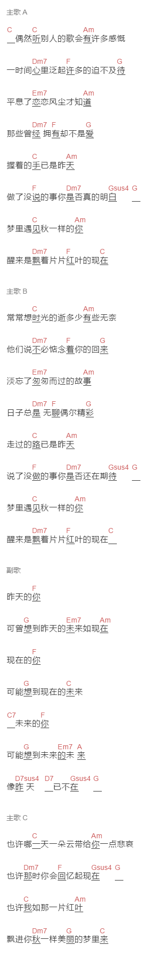 易烊千玺《昨天的你的现在的未来》吉他谱C调和弦谱(txt)1