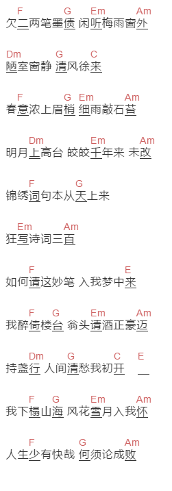 浅影阿《春涧》吉他谱C调和弦谱(txt)1