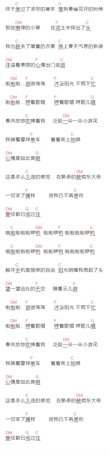 小猛《春浪》吉他谱C调和弦谱(txt)1