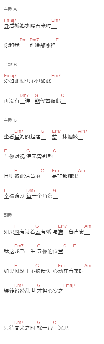 要不要买菜(徐泽)《春来时》吉他谱C调和弦谱(txt)1