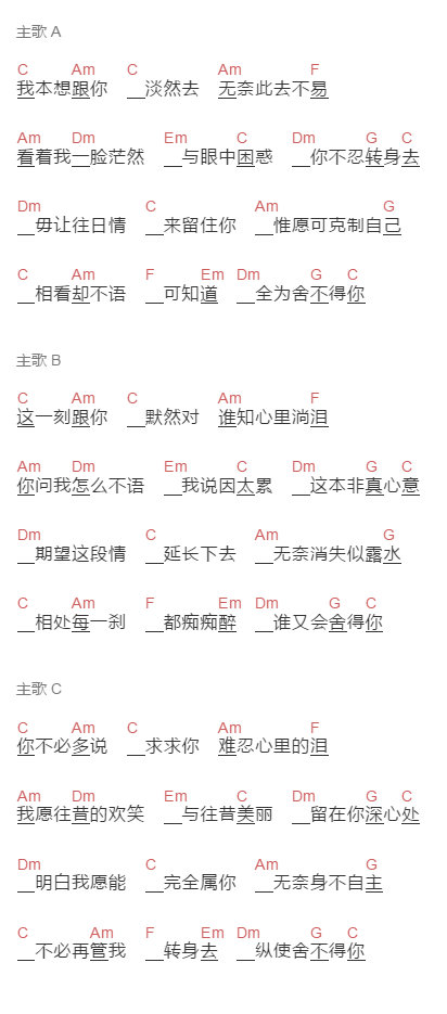 徐小凤《无奈》吉他谱C调和弦谱(txt)1