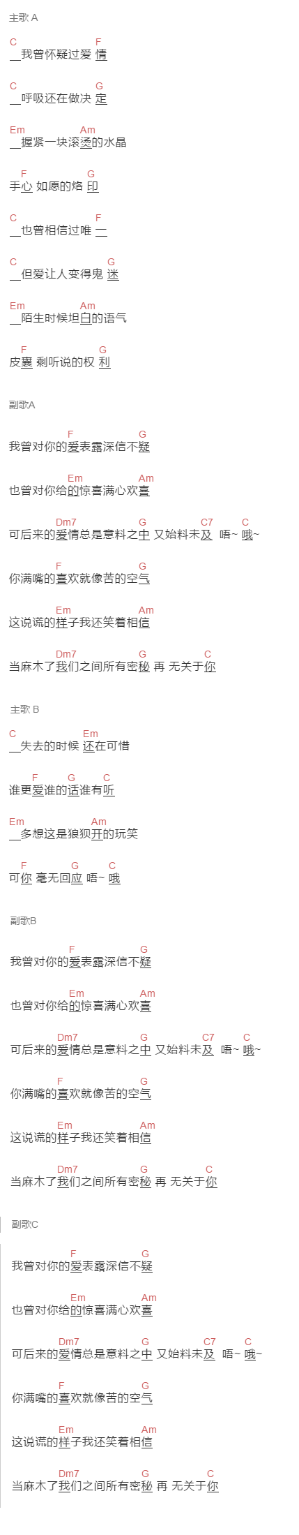 乔佳旭《无关于你》吉他谱C调和弦谱(txt)1