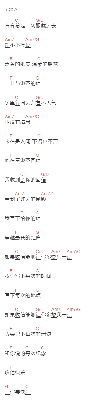 千里狗i《收信快乐》吉他谱C调和弦谱(txt)1