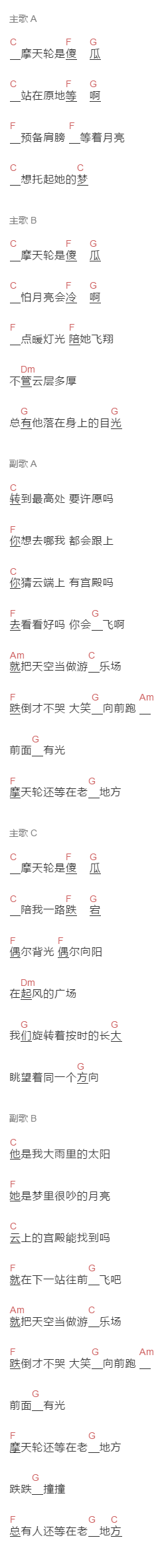 张哲瀚《摩天轮是傻瓜》吉他谱C调和弦谱(txt)1