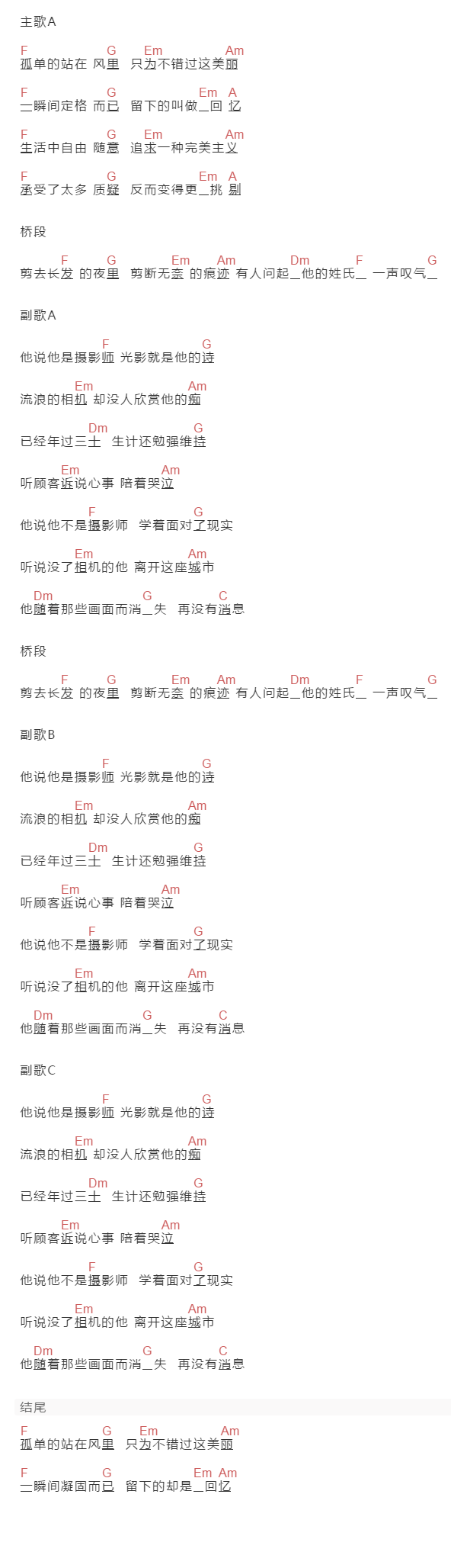 朱兴东《摄影师》吉他谱C调和弦谱(txt)1