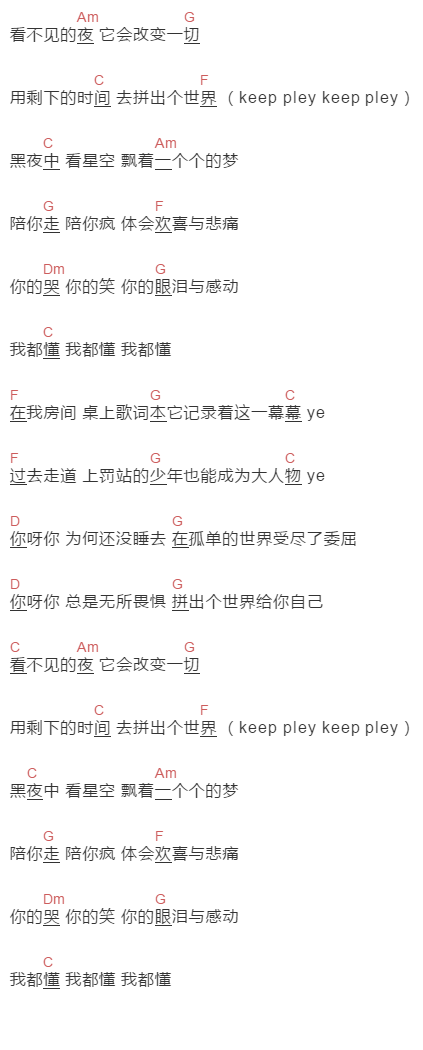 姜云升《拼个世界给自己》吉他谱C调和弦谱(txt)1