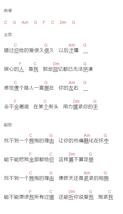 李泰《拥抱的理由》吉他谱C调和弦谱(txt)1