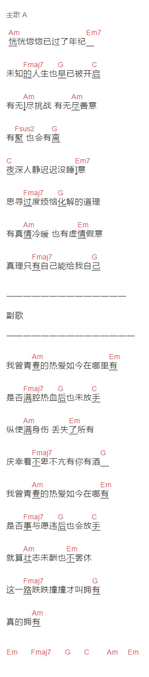 歌之初乐队《我的青春热爱》吉他谱C调和弦谱(txt)1