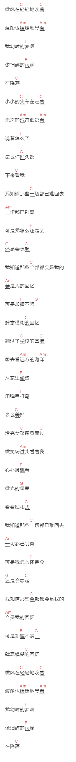 王源《我的童年》吉他谱C调和弦谱(txt)1