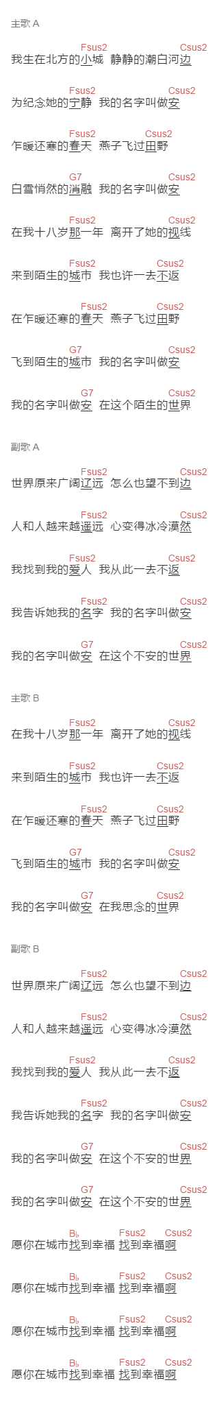 安来宁 《我的名字叫做安》吉他谱C调和弦谱(txt)1
