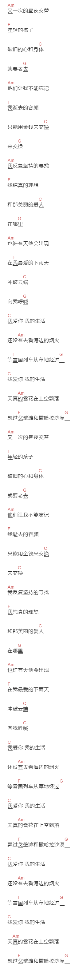 海底时光机《我爱你 我的生活》吉他谱C调和弦谱(txt)1