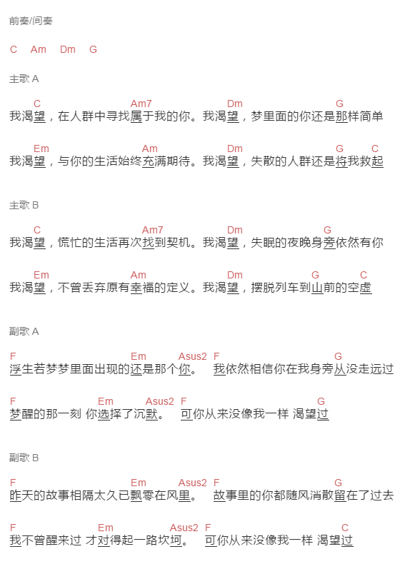 王宇良《我渴望》吉他谱C调和弦谱(txt)1