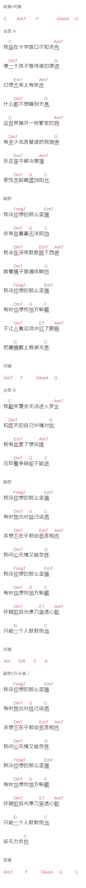 杨坤《我没你想的那么坚强》吉他谱C调和弦谱(txt)1