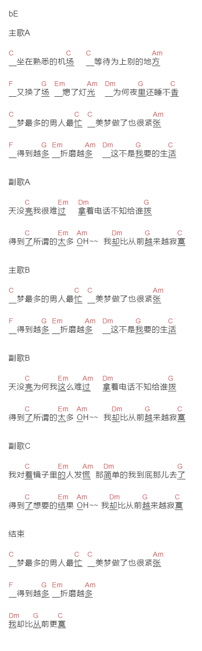 杨坤《我比从前更寂寞》吉他谱C调和弦谱(txt)1