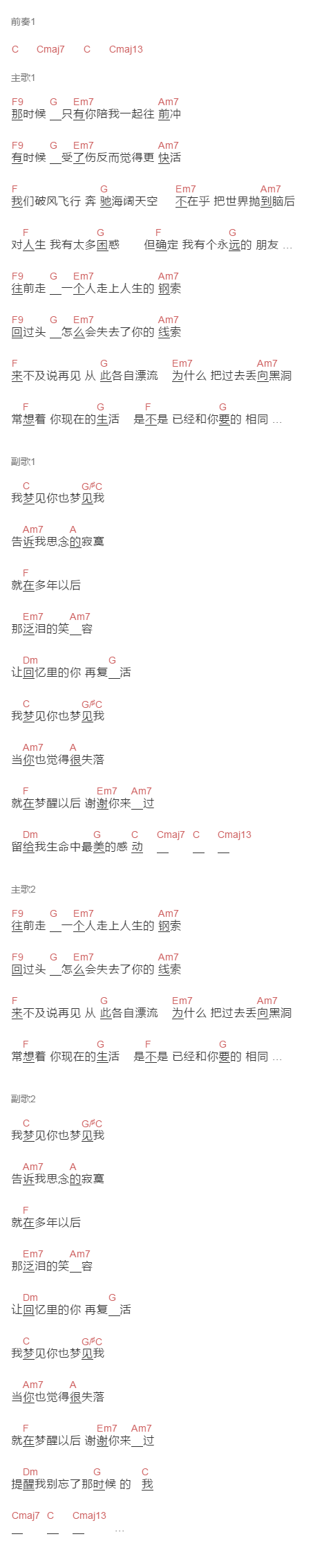 林宥嘉《我梦见你梦见我》吉他谱C调和弦谱(txt)1