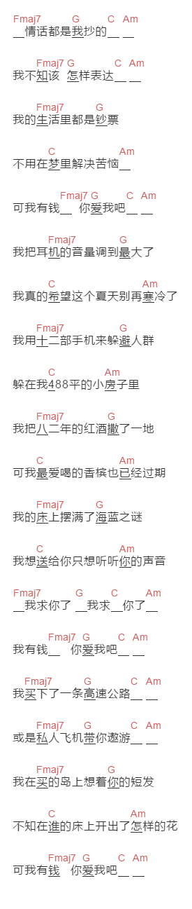 康天《我有钱你爱我吧》吉他谱C调和弦谱(txt)1