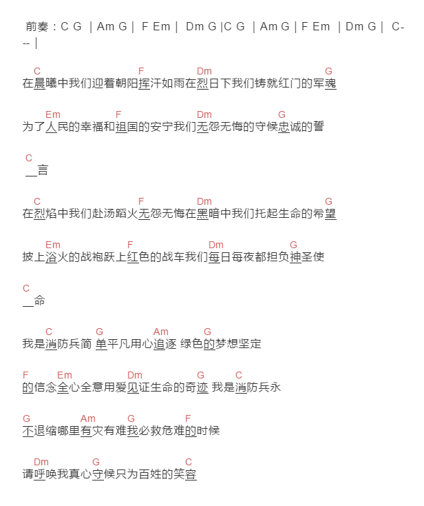 张德骏《我是消防兵》吉他谱C调和弦谱(txt)1