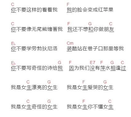 徐怀钰《我是女生》吉他谱C调和弦谱(txt)1