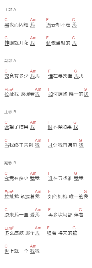 田燚《我我》吉他谱C调和弦谱(txt)1