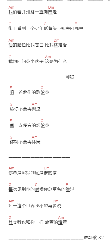 贰佰《我在太原和谁在一起假装悲伤》吉他谱C调和弦谱(txt)1