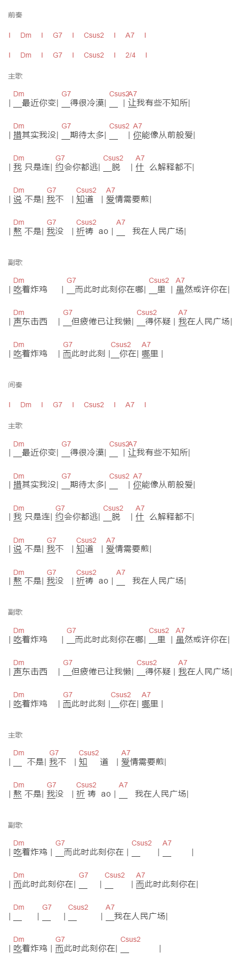 阿肆《我在人民广场吃着炸鸡》吉他谱C调和弦谱(txt)1