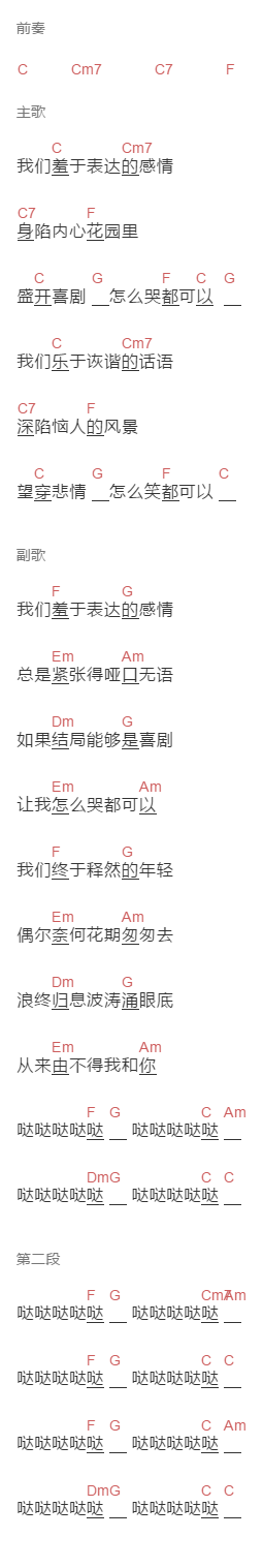 新裤子乐队,大张伟《我们羞于表达的感情》吉他谱C调和弦谱(txt)1