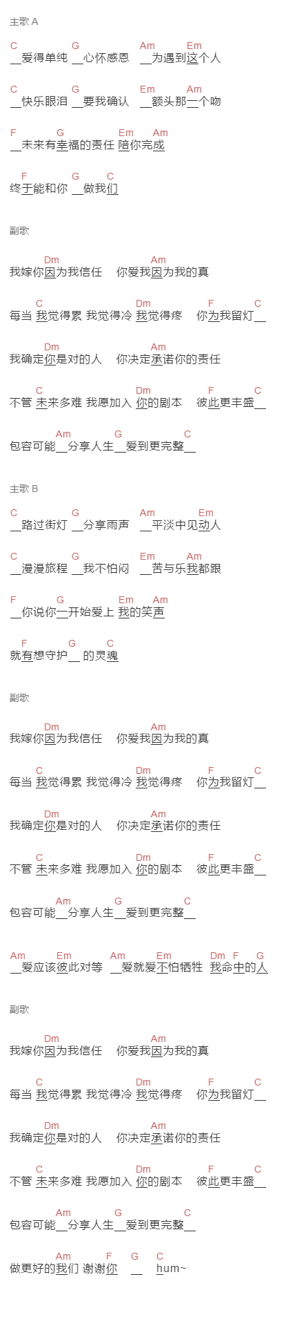 何洁《我们结婚吧》吉他谱C调和弦谱(txt)1