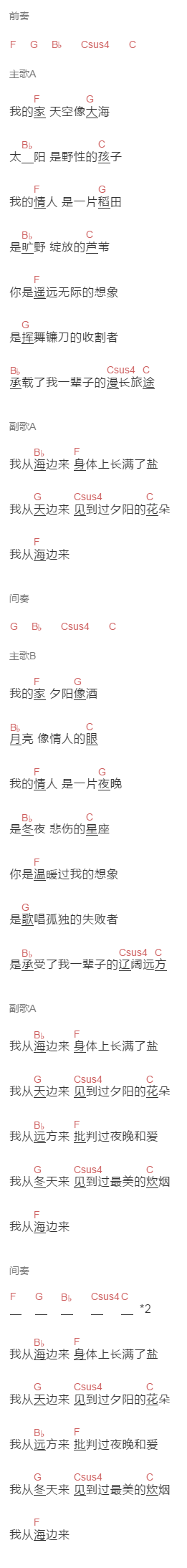 丁太升《我从海边来，身体上长满了盐》吉他谱C调和弦谱(txt)1